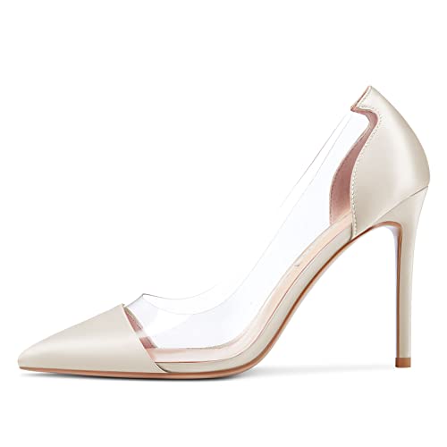 NobleOnly Damen Stiletto Hoher High Absatz Heel Spitze Zehenkappe Pumps Slip-on Clear Hochzeit Party 10 cm Heels Beige Satin 37 EU von NobleOnly