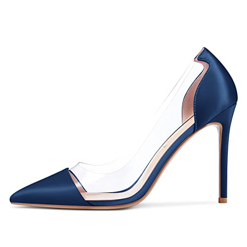 NobleOnly Damen Stiletto Hoher High Absatz Heel Spitze Zehenkappe Pumps Slip-on Clear Hochzeit Party 10 cm Heels Navy Blau Satin 37 EU von NobleOnly