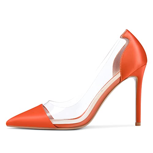 NobleOnly Damen Stiletto Hoher High Absatz Heel Spitze Zehenkappe Pumps Slip-on Clear Hochzeit Party 10 cm Heels Orange Satin 40 EU von NobleOnly