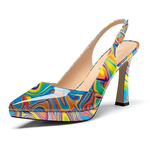 NobleOnly Damen Stiletto Hoher High Absatz Heel Spitze Zehenkappe Slingback Plateau Plattform Pumps Slip-on Schnalle Lässig Schuhe 10 cm Heels Buntes Graffiti 37 EU von NobleOnly