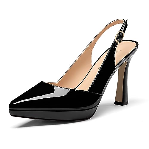 NobleOnly Damen Stiletto Hoher High Absatz Heel Spitze Zehenkappe Slingback Plateau Plattform Pumps Slip-on Schnalle Lässig Schuhe 10 cm Heels Schwarz 43 EU von NobleOnly