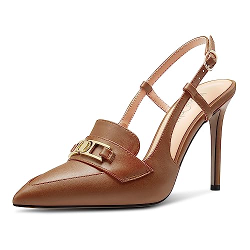 NobleOnly Damen Stiletto Hoher High Absatz Heel Spitze Zehenkappe Slingback Schnalle Pumps Lässig Büroschuhe Dress Schuhe 10 cm Heels Braun 40 EU von NobleOnly