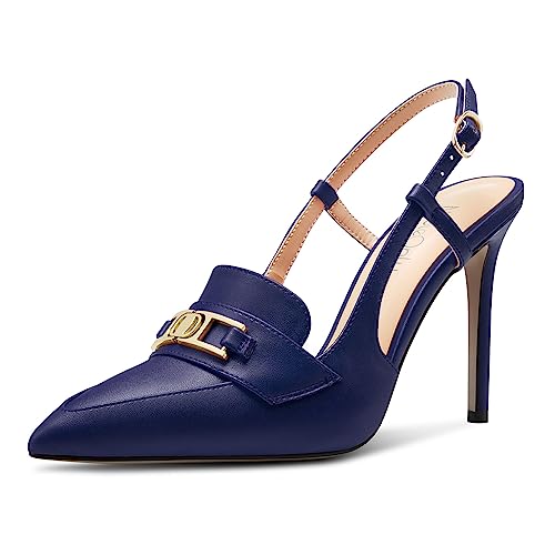 NobleOnly Damen Stiletto Hoher High Absatz Heel Spitze Zehenkappe Slingback Schnalle Pumps Lässig Büroschuhe Dress Schuhe 10 cm Heels Marineblau 37 EU von NobleOnly
