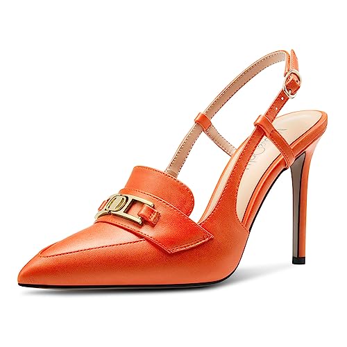 NobleOnly Damen Stiletto Hoher High Absatz Heel Spitze Zehenkappe Slingback Schnalle Pumps Lässig Büroschuhe Dress Schuhe 10 cm Heels Orange 40 EU von NobleOnly