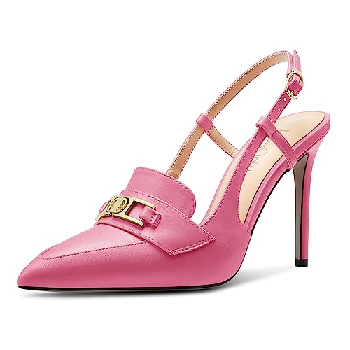 NobleOnly Damen Stiletto Hoher High Absatz Heel Spitze Zehenkappe Slingback Schnalle Pumps Lässig Büroschuhe Dress Schuhe 10 cm Heels Rosa A 37 EU von NobleOnly