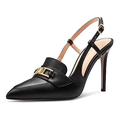 NobleOnly Damen Stiletto Hoher High Absatz Heel Spitze Zehenkappe Slingback Schnalle Pumps Lässig Büroschuhe Dress Schuhe 10 cm Heels Schwarz 40 EU von NobleOnly