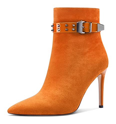 NobleOnly Damen Stiletto Hoher High Absatz Heel Spitze Zehenkappe Stiefeletten Slip-on Reißverschluss Dress Sexy Party 10 CM Heels Stiefel Orange 39 EU von NobleOnly