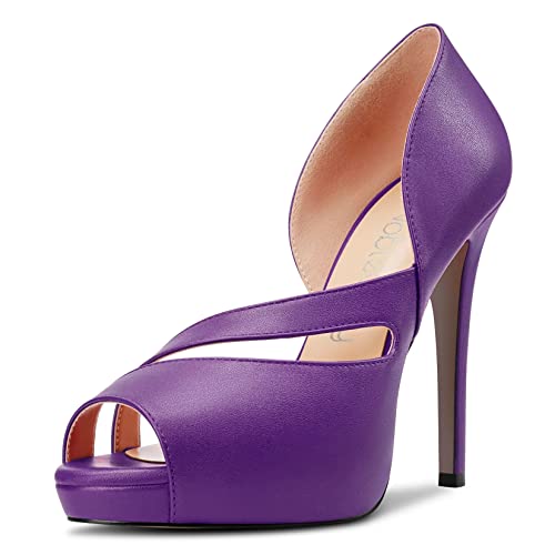 NobleOnly Damen Stiletto Hoher High Plateau Plattform Absatz Heel Peep Open Zehenkappe Sandalen Slip-on Party Dress Schuhe Violett A 40 EU von NobleOnly