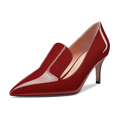 NobleOnly Damen Stiletto Kitten Absatz Heel Geschlossene Dress Spitze Zehenkappe Slip-on Pumps 6.5 cm Heels Hochzeit Büroschuhe Party Schuhe Burgund Rot 38 EU von NobleOnly