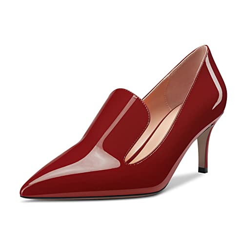 NobleOnly Damen Stiletto Kitten Absatz Heel Geschlossene Dress Spitze Zehenkappe Slip-on Pumps 6.5 cm Heels Hochzeit Büroschuhe Party Schuhe Burgund Rot 40 EU von NobleOnly