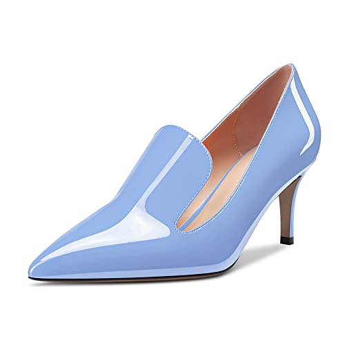 NobleOnly Damen Stiletto Kitten Absatz Heel Geschlossene Dress Spitze Zehenkappe Slip-on Pumps 6.5 cm Heels Hochzeit Büroschuhe Party Schuhe Hellblau 38 EU von NobleOnly