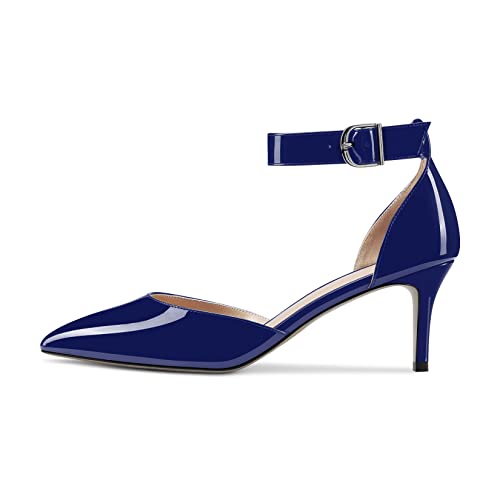 NobleOnly Damen Stiletto Kitten Niedrige Absatz Heel Knöchelriemen Pumps Geschlossene Spitze Zehenkappe Hochzeit Büroschuhe Dress Schuhe 6.5 cm Heels Navy Blau Lackleder 42 EU von NobleOnly