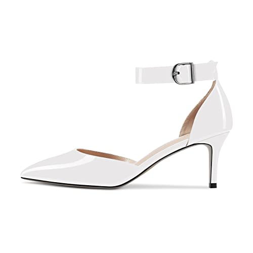 NobleOnly Damen Stiletto Kitten Niedrige Absatz Heel Knöchelriemen Pumps Geschlossene Spitze Zehenkappe Hochzeit Büroschuhe Dress Schuhe 6.5 cm Heels Weiß Lackleder 42 EU von NobleOnly