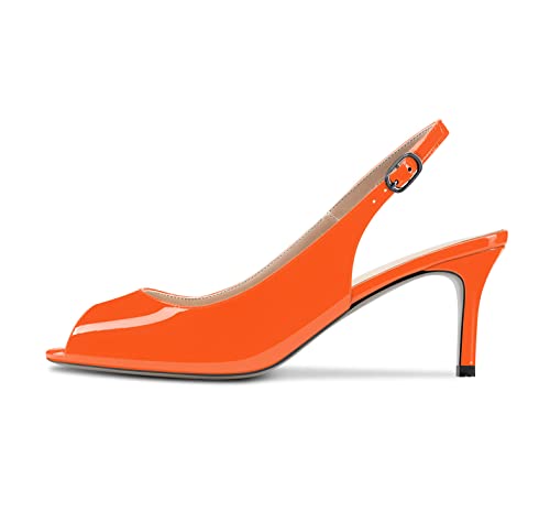 NobleOnly Damen Stiletto Mittlerem Absatz Heel Peep Open Zehenkappe Sandalen Slingback Knöchelriemen Hochzeit Büroschuhe Pumps 6.5 CM Heels Schuhe Orange 37 EU von NobleOnly