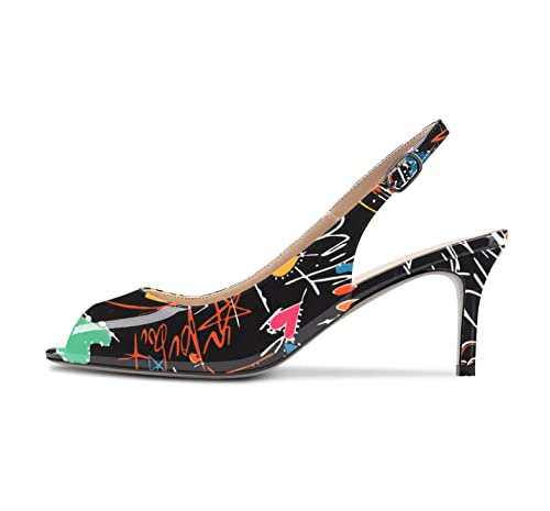 NobleOnly Damen Stiletto Mittlerem Absatz Heel Peep Open Zehenkappe Sandalen Slingback Knöchelriemen Hochzeit Büroschuhe Pumps 6.5 CM Heels Schuhe Schwarz Mehrfarbig 39 EU von NobleOnly