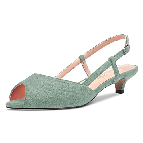 NobleOnly Damen Stiletto Niedrige Kitten Absatz Heel Peep Open Zehenkappe Slingback Sandalen Slip-on Sexy Dress Hochzeit 3.5 CM Heels Schuhe Hellgrün Wildleder 38 EU von NobleOnly
