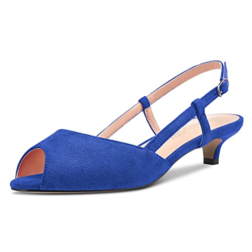 NobleOnly Damen Stiletto Niedrige Kitten Absatz Heel Peep Open Zehenkappe Slingback Sandalen Slip-on Sexy Dress Hochzeit 3.5 CM Heels Schuhe Königsblau Wildleder 40 EU von NobleOnly