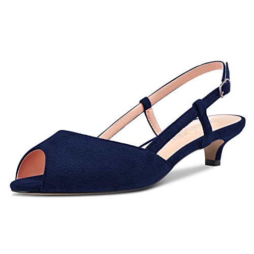 NobleOnly Damen Stiletto Niedrige Kitten Absatz Heel Peep Open Zehenkappe Slingback Sandalen Slip-on Sexy Dress Hochzeit 3.5 CM Heels Schuhe Navy Blau 39 EU von NobleOnly