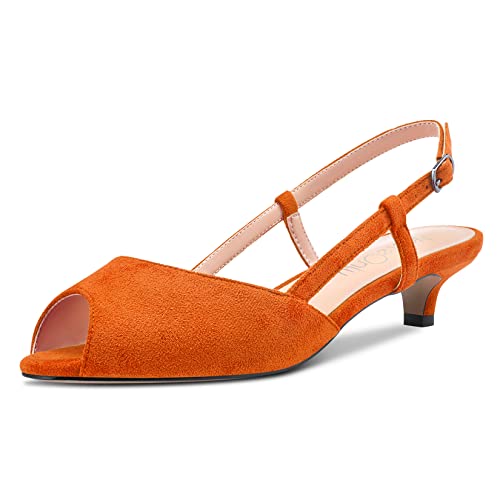 NobleOnly Damen Stiletto Niedrige Kitten Absatz Heel Peep Open Zehenkappe Slingback Sandalen Slip-on Sexy Dress Hochzeit 3.5 CM Heels Schuhe Orange Wildleder 37 EU von NobleOnly