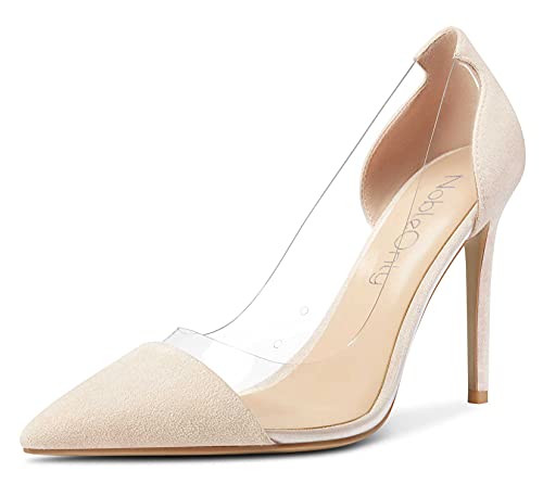 NobleOnly Damen Transparent High Heels Pumps Spitze Zehe Stilettos 10CM Heel Beige Wildleder Schuhe EU 38.5 von NobleOnly