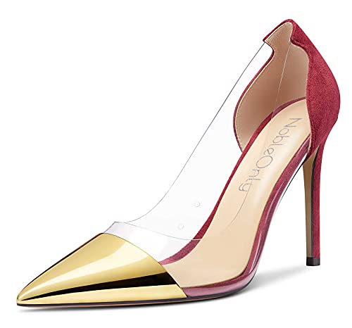 NobleOnly Damen Transparent High Heels Pumps Spitze Zehe Stilettos 10CM Heel Gold Rot Wildleder Schuhe EU 41 von NobleOnly