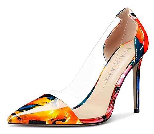 NobleOnly Damen Transparent High Heels Pumps Spitze Zehe Stilettos 10CM Heel Mehrfarbig Lackleder Schuhe EU 41.5 von NobleOnly