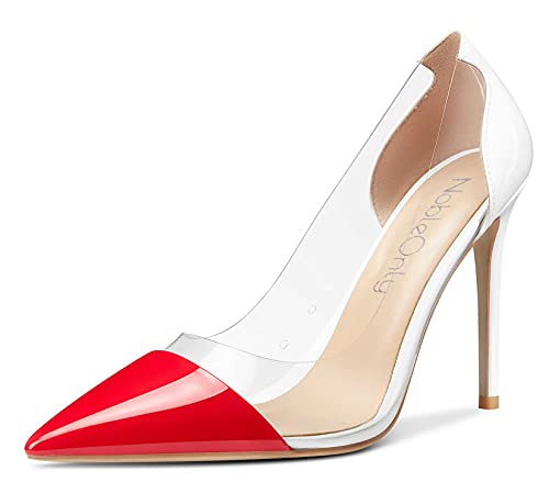 NobleOnly Damen Transparent High Heels Pumps Spitze Zehe Stilettos 10CM Heel Rot Weiß Lackleder Schuhe EU 36.5 von NobleOnly