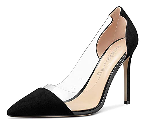 NobleOnly Damen Transparent High Heels Pumps Spitze Zehe Stilettos 10CM Heel Schwarz Wildleder Schuhe EU 36 von NobleOnly