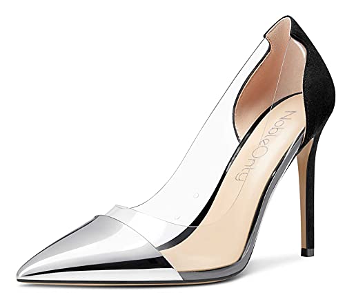 NobleOnly Damen Transparent High Heels Pumps Spitze Zehe Stilettos 10CM Heel Silber Schwarz Wildleder Schuhe EU 37 von NobleOnly