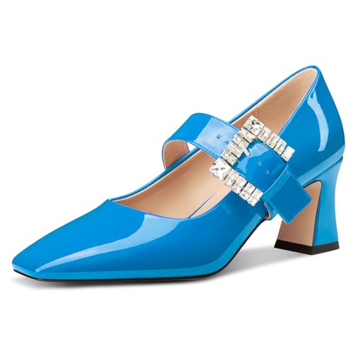 NobleOnly Mary Jane Schuhe Damen Chunky Blockabsatz Absatz Heel Knöchelriemen Dress Geschlossene Eckige Zehenkappe Pumps Diamant Schnalle 7 cm Heels Blau 45 EU von NobleOnly