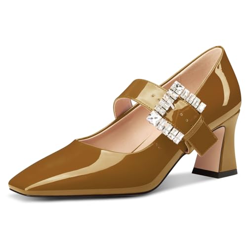 NobleOnly Mary Jane Schuhe Damen Chunky Blockabsatz Absatz Heel Knöchelriemen Dress Geschlossene Eckige Zehenkappe Pumps Diamant Schnalle 7 cm Heels Braun 36 EU von NobleOnly