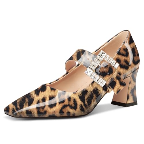 NobleOnly Mary Jane Schuhe Damen Chunky Blockabsatz Absatz Heel Knöchelriemen Dress Geschlossene Eckige Zehenkappe Pumps Diamant Schnalle 7 cm Heels Braun Leopard 43 EU von NobleOnly