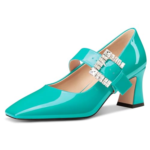 NobleOnly Mary Jane Schuhe Damen Chunky Blockabsatz Absatz Heel Knöchelriemen Dress Geschlossene Eckige Zehenkappe Pumps Diamant Schnalle 7 cm Heels Cyanblau 39 EU von NobleOnly