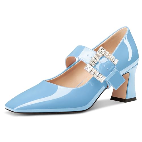 NobleOnly Mary Jane Schuhe Damen Chunky Blockabsatz Absatz Heel Knöchelriemen Dress Geschlossene Eckige Zehenkappe Pumps Diamant Schnalle 7 cm Heels Himmelblau 38 EU von NobleOnly