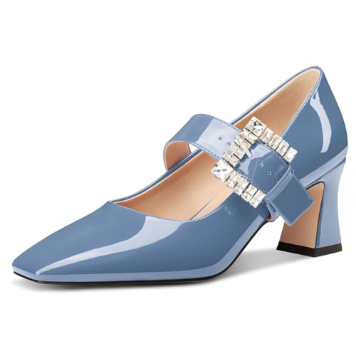 NobleOnly Mary Jane Schuhe Damen Chunky Blockabsatz Absatz Heel Knöchelriemen Dress Geschlossene Eckige Zehenkappe Pumps Diamant Schnalle 7 cm Heels Kobaltblau 39 EU von NobleOnly