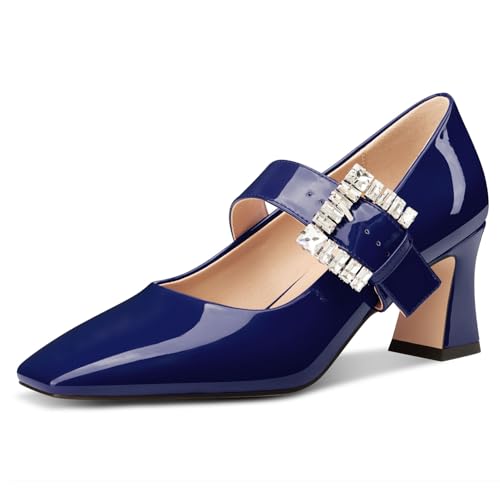 NobleOnly Mary Jane Schuhe Damen Chunky Blockabsatz Absatz Heel Knöchelriemen Dress Geschlossene Eckige Zehenkappe Pumps Diamant Schnalle 7 cm Heels Marineblau 36 EU von NobleOnly