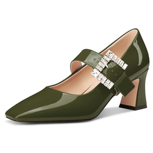 NobleOnly Mary Jane Schuhe Damen Chunky Blockabsatz Absatz Heel Knöchelriemen Dress Geschlossene Eckige Zehenkappe Pumps Diamant Schnalle 7 cm Heels Olivgrün 38 EU von NobleOnly