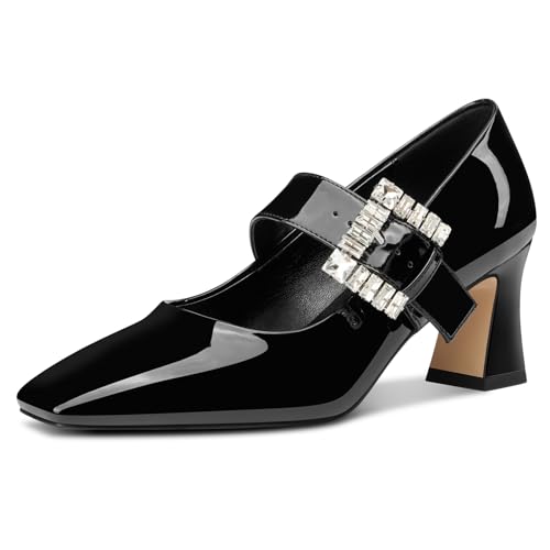 NobleOnly Mary Jane Schuhe Damen Chunky Blockabsatz Absatz Heel Knöchelriemen Dress Geschlossene Eckige Zehenkappe Pumps Diamant Schnalle 7 cm Heels Schwarz 37 EU von NobleOnly