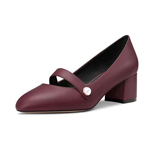 NobleOnly Mittlerem Chunky Blockabsatz Absatz Heel Geschlossene Runde Zehenkappe Slip-on Pumps Party Büroschuhe Cute Schuhe 5 cm Heels Burgund Rot A 41 EU von NobleOnly