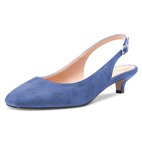 NobleOnly Stiletto Niedrige Kitten Absatz Heel Geschlossene Zehenkappe Slip-on Pumps Slingback Schnalle Dress Sandalen 3.5 cm Heels Schuhe Hellblau Wildleder 39 EU von NobleOnly