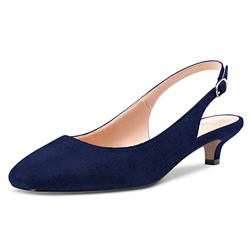 NobleOnly Stiletto Niedrige Kitten Absatz Heel Geschlossene Zehenkappe Slip-on Pumps Slingback Schnalle Dress Sandalen 3.5 cm Heels Schuhe Navy Blau 44 EU von NobleOnly