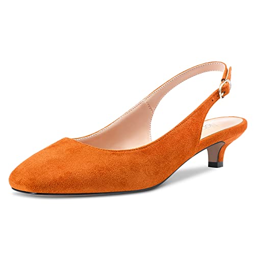 NobleOnly Stiletto Niedrige Kitten Absatz Heel Geschlossene Zehenkappe Slip-on Pumps Slingback Schnalle Dress Sandalen 3.5 cm Heels Schuhe Orange Wildleder 39 EU von NobleOnly