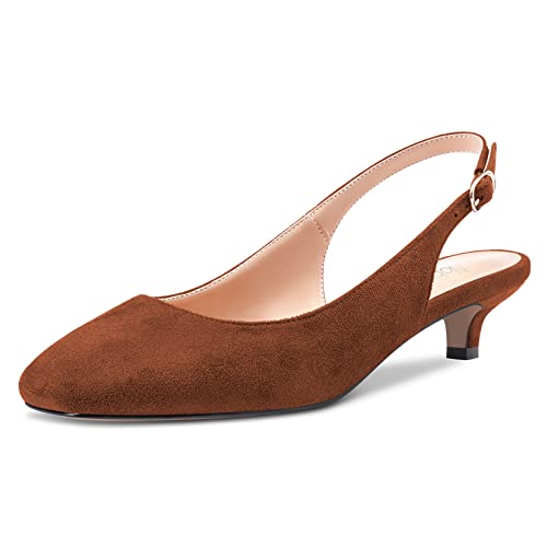 NobleOnly Stiletto Niedrige Kitten Absatz Heel Geschlossene Zehenkappe Slip-on Pumps Slingback Schnalle Dress Sandalen 3.5 cm Heels Schuhe Braun Wildleder 39 EU von NobleOnly