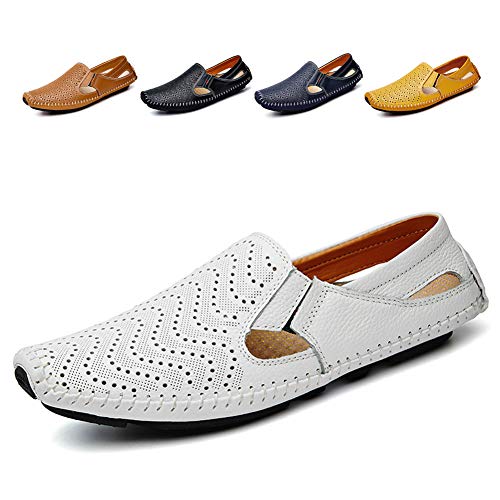Noblespirit Herren Fahrschuhe Leder Mode Slipper Casual Slip on Loafers Schuhe im Sommer, weiß 2, 42 EU von Noblespirit
