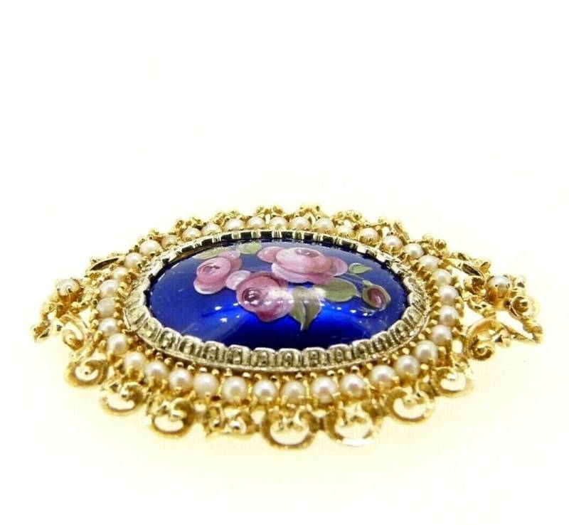 Vintage 1950Er Brosche Aus Massivem 18 Karat Gelbgold Mit Natürlichen Mikroperlen Und Blumen, Gestaltet Emaille von NoblesseObligeItaly