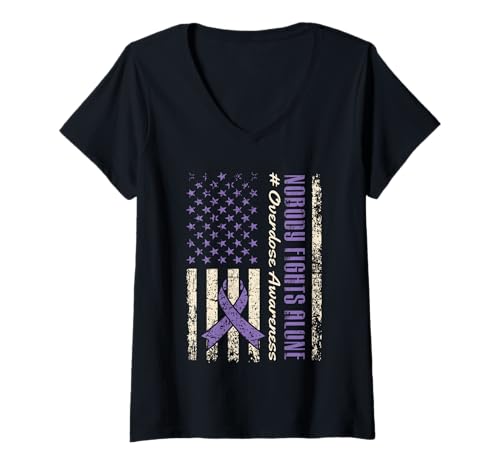 Damen Overdose Awareness Day USA Amerikanische Flagge I Wear Lila T-Shirt mit V-Ausschnitt Damen Overdose Awareness Day USA Amerikanische Flagge I Wear Lila T-Shirt mit V-Ausschnitt von Nobody Fights Alone Overdose Awareness gifts
