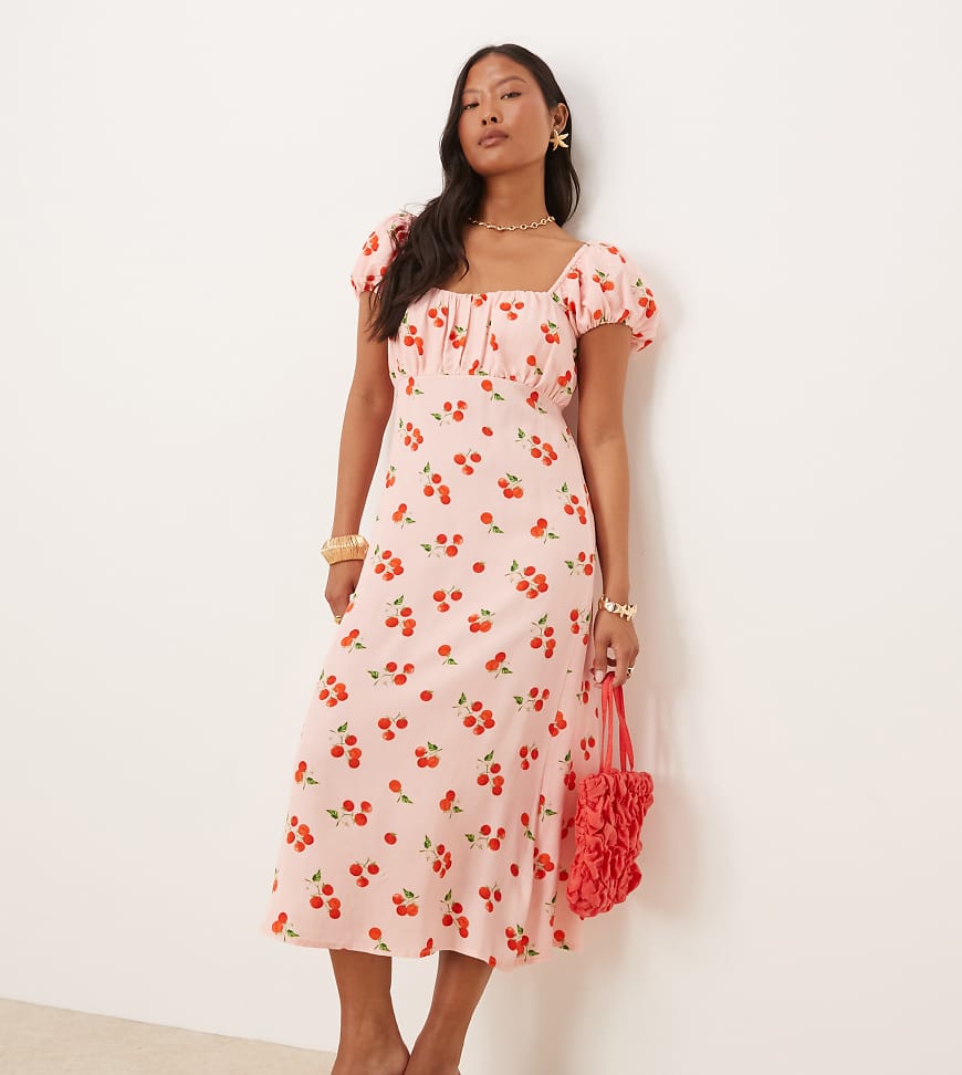 Nobody's Child Petite - Raven - Midikleid mit Puffärmeln und Tomatenmuster-Weiß von Nobody's Child Petite