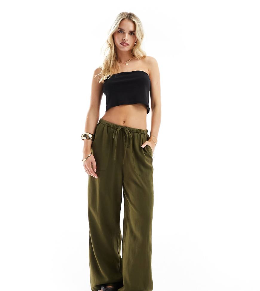 Nobody's Child Petite - Shona - Leinenmix-Hose in Khaki mit weitem Bein-Schwarz von Nobody's Child Petite