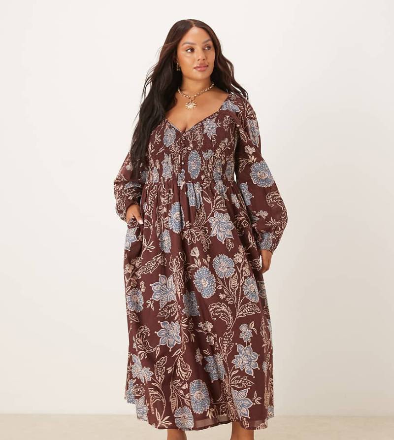 Nobody's Child Plus - Amaya - Midikleid in braun geblümt mit Ballonärmeln von Nobody's Child Plus