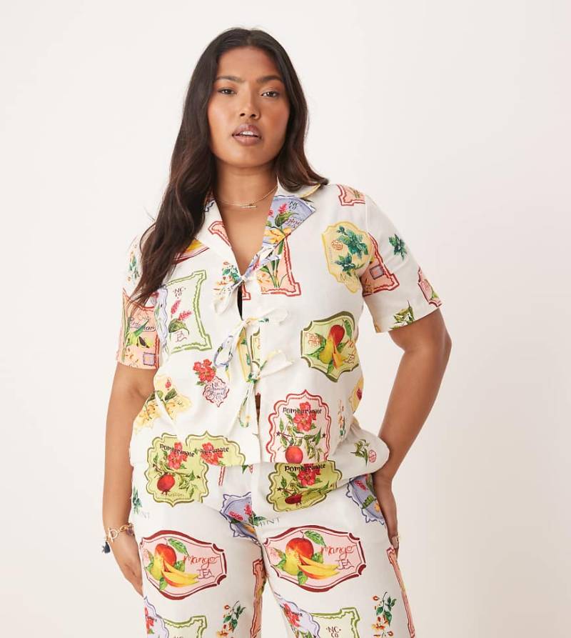 Nobody's Child Plus - Harper - Hemdbluse mit Postkarten-Obstprint und Bindedetail, Kombiteil-Bunt von Nobody's Child Plus